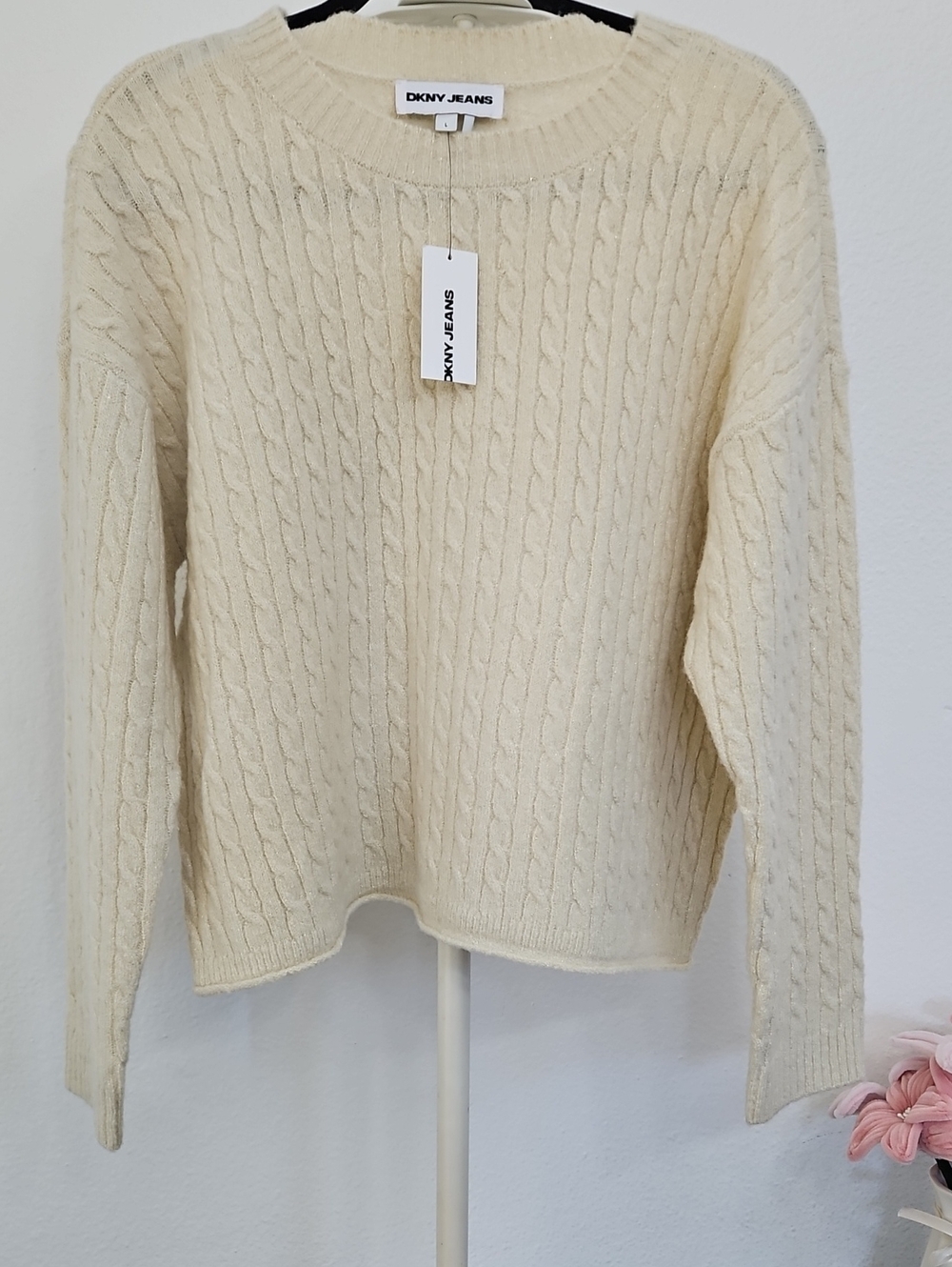 DKNY Cream Cable Knit Crewneck Sweater